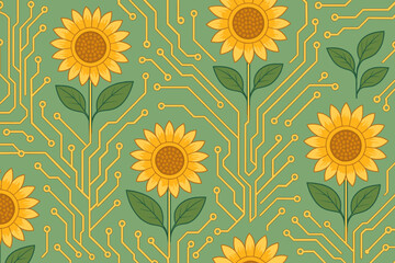Poster - Sunflowers combined with circuit board design create a unique pattern in a vibrant green background in a modern artistic expression