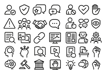 Poster - Collection of line icons representing various concepts in technology, communication, and teamwork during a digital presentation