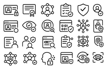 Poster - Collection of icons representing data privacy, security features, and user verification processes on a digital platform