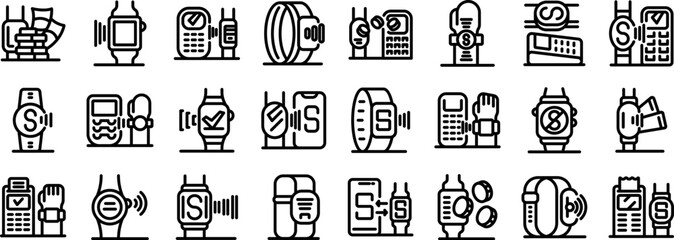 Poster - Smartwatch nfc payment icons set. Nfc technology enables contactless communication between devices, facilitating payments, data exchange, and access control