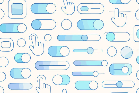 Background design featuring various toggle switches, sliders, and buttons in light blue tones
