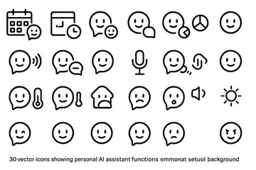 Poster - Vector icons illustrating various personal AI assistant functions displayed on a white background with neutral tones