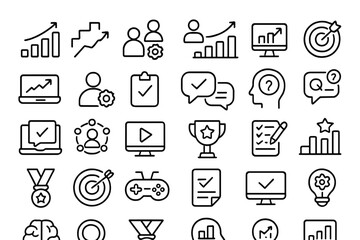 Poster - Icons representing business growth, teamwork, success metrics, and achievements in a digital format