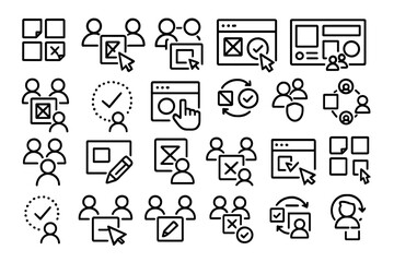 Poster - Collection of user interface design icons illustrating teamwork and interaction with technology in a modern workspace setting