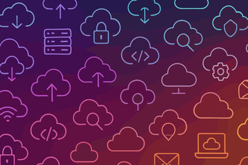 Poster - Colorful cloud computing pattern with various technology icons displaying data transfer and security concepts