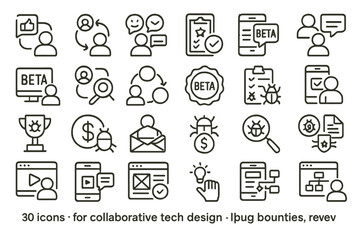 Poster - Collection of 30 icons designed for collaborative tech design and bug bounty initiatives in a modern style