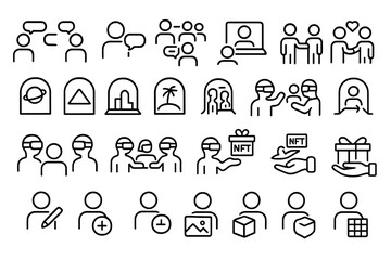 Poster - Various simple line icons representing social interactions, online communication, and digital transactions in a modern context