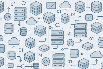 Poster - Collection of data storage symbols on a grid background with cloud and server illustrations in blue tones