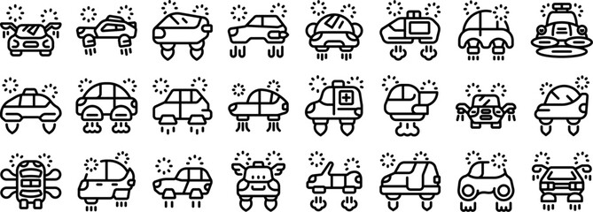 Poster - Flying car icons set. Diverse collection of futuristic flying car icons showcasing innovative transportation concepts with sleek designs and advanced technology