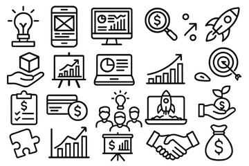 Poster - Business analytics and growth concepts illustrated with icons for digital development and financial success