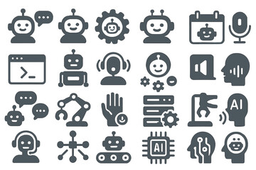 Poster - Graphic representation of artificial intelligence concepts featuring robots, chat interfaces, and various tech symbols