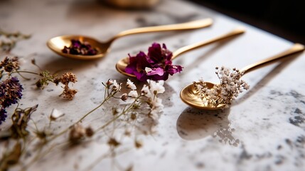 Poster - Decoratively arranged golden spoons with dried flowers on a marble countertop during a serene afternoon