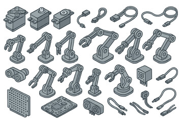 Various robotic components and accessories arranged in an organized layout for engineering and design tasks