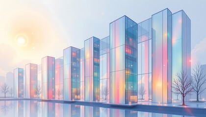 Poster - pastel digital watercolor of vertical glass structures with soft glows