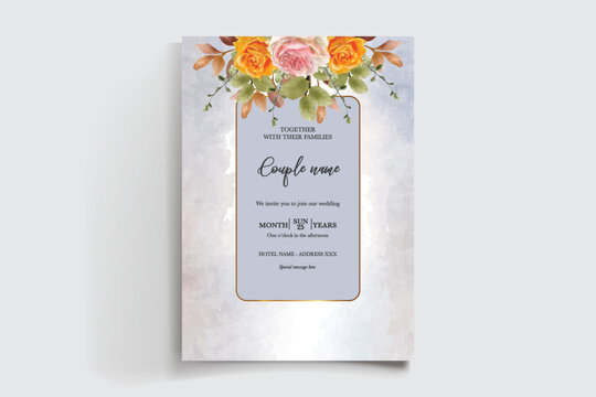 WEDDING INVITATION FRAME WITH FLOWER DECORATIONS AND FRESH LEAVES