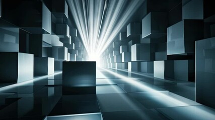 Poster - Explore a mesmerizing tunnel filled with glowing cubes and dynamic light rays, creating an immersive digital atmosphere