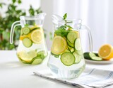 Refreshing cucumber water with lemon and mint in a glass pitcher