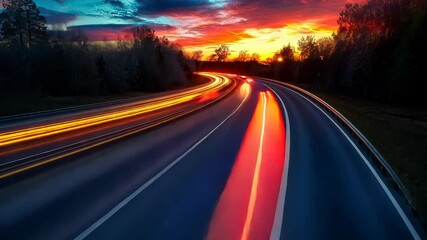 Poster - A long exposure captures glowing red light trails curving along a highway at sunset, framed by dark trees and a dramatic sky