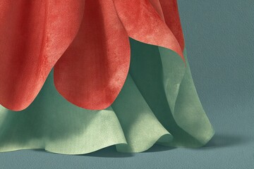 Poster - Elegant layered fabric showcasing vibrant red and soft green hues in a textile art display