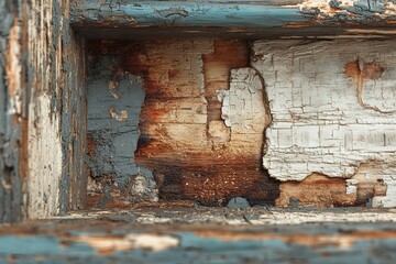 Poster - Close-up view of weathered wooden surface revealing peeling paint and texture in natural light