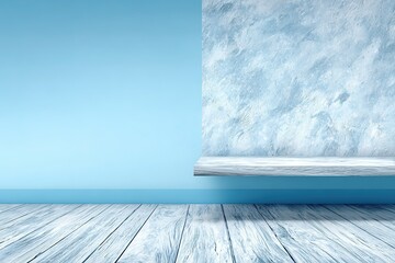 Poster - Modern minimalist interior design featuring blue wall and wooden shelf in bright spacious room
