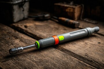 Poster - Adjustable torque wrench resting on a wooden workbench with tools and rustic background