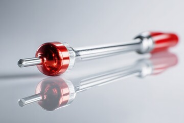 Poster - Close-up view of a shiny red screwdriver resting on a reflective surface in a well-lit workspace