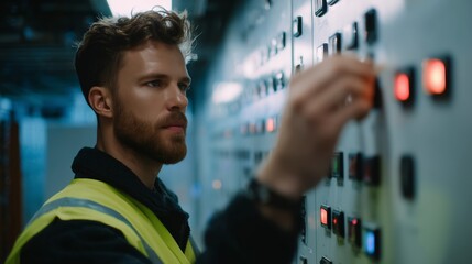 Poster - Technician adjusting control panel in industrial setting during evening shift for system optimization