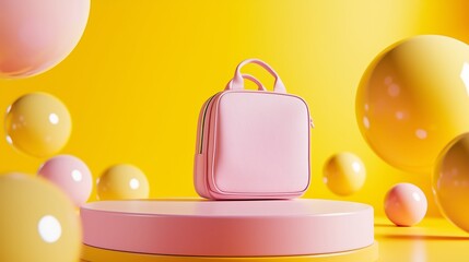 Poster - Colorful pink bag on display against a vibrant yellow backdrop with playful spheres surrounding it