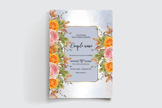 WEDDING INVITATION FRAME WITH FLOWER DECORATIONS AND FRESH LEAVES