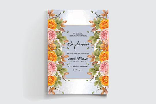 WEDDING INVITATION FRAME WITH FLOWER DECORATIONS AND FRESH LEAVES