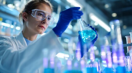 Poster - scientist conducts experiments with colorful liquids in laboratory during daytime