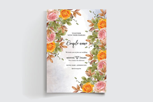 WEDDING INVITATION FRAME WITH FLOWER DECORATIONS AND FRESH LEAVES
