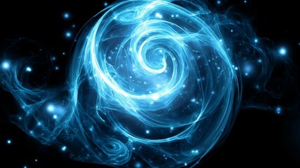 Poster - Swirling glowing air orb with dynamic blue light trails and particles on black background, ideal for fantasy, games or tech design projects