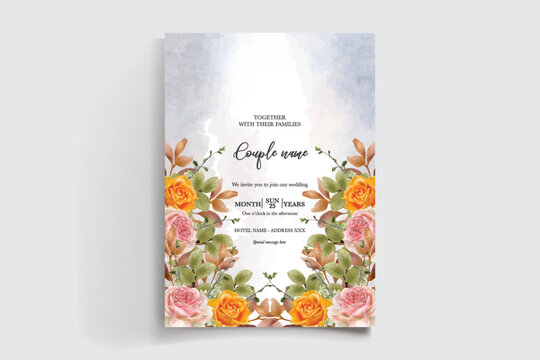 WEDDING INVITATION FRAME WITH FLOWER DECORATIONS AND FRESH LEAVES