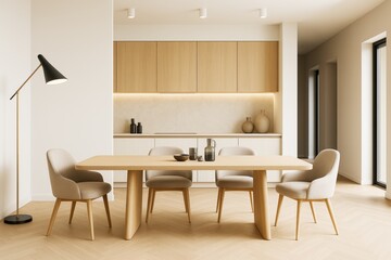 Poster - Modern minimalist dining room with wooden furniture and light beige decor in a bright contemporary home interior with natural lighting concept.