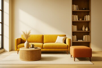 Fototapete - Modern living room with yellow sofa and built-in wooden bookshelf in minimalist interior lit by natural daylight with warm stylish decor elements.