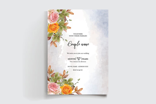 WEDDING INVITATION FRAME WITH FLOWER DECORATIONS AND FRESH LEAVES