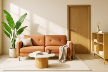 Fototapete - Cozy modern living room interior with warm sunlight, wooden furniture, and minimalist decor in a contemporary architectural style.