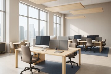Poster - Modern minimalist open plan office interior with natural light and wooden furniture in contemporary corporate building with large windows.