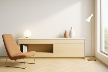Poster - Minimalist contemporary room interior with wooden cabinet, modern accent chair, and soft lighting in a bright neutral setting.