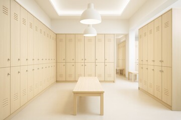 Poster - Modern light wood locker room interior with minimalist benches, bright lighting, and clean contemporary design emphasizing symmetry and space.