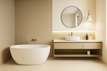 Poster - Minimalist modern bathroom interior with freestanding white bathtub and wooden vanity under warm lighting in neutral color palette.
