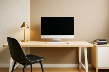 Poster - Minimalist home office interior with computer on wooden desk, modern lamp and black chair in neutral-toned room with soft lighting concept.