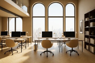 Poster - Modern open-plan office interior with large arched windows, natural light, and minimalist design in a city building during daytime.