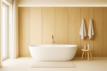 Poster - Modern minimalist bathroom with white freestanding bathtub, wood panel walls, and soft ambient lighting in bright interior space concept.