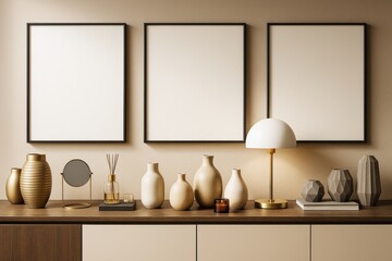 Poster - Contemporary interior with blank picture frames and decorative vases on wooden cabinet in neutral toned room for branding or artwork mockup display.