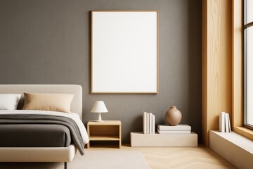 Poster - Contemporary bedroom interior with blank white frame on wall above bed, minimalist light wood decor, and soft natural lighting from window.