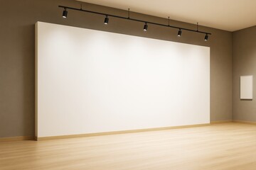 Poster - Empty modern interior with large blank white wall and wooden floor under ceiling spotlights in contemporary room. Perfect for mockup or branding concept.