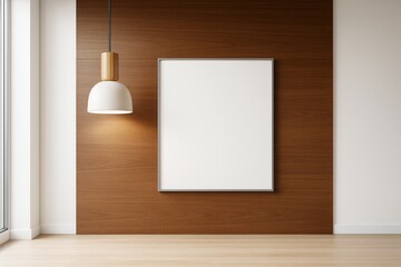 Poster - Minimalist interior with blank poster frame on wooden wall and modern pendant light in bright contemporary room with clean flooring concept.